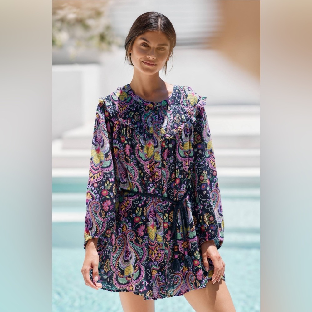 Anthropologie Tunisian Black Floral Smocked Cover-Up Tunic Mini Shirtdress